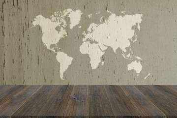 Wood texture background with wood terrace with world map