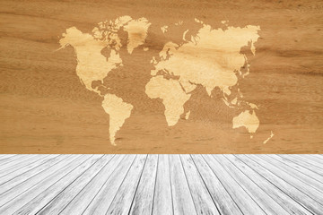 Wood texture background, with white wood terrace and world map