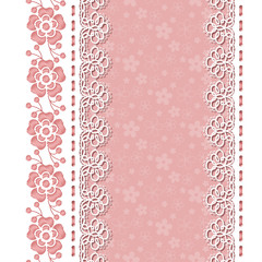 Background for greeting card or invitation with lace borders and embroidery. Vector Illustration