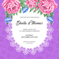 Wedding invitation template with flowers. Vector Illustration in retro style