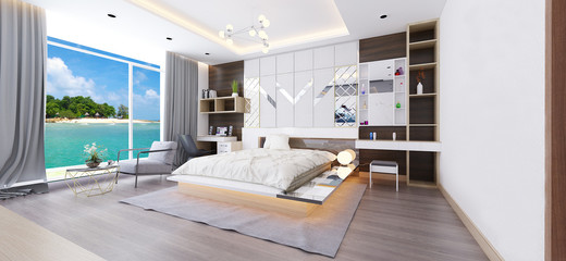 3D interior with bedroom and living room
