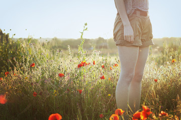 Three cute beautiful hippie girl in the setting sun, outdoors, the