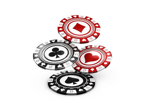 3d illustration of flying Pocker Chips, Casino Concept isolated on white.