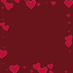 Red stitched paper hearts. Square scattered border on wine red background. Vector illustration.