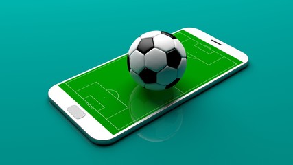 Soccer ball on a smartphone screen. 3d illustration