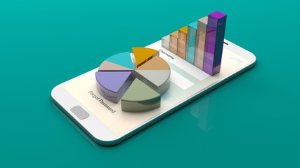 Data analysis reports on a smartphone screen. 3d illustration