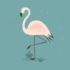 Beautiful abstract single pink flamingo standing on one leg on textured teal background
