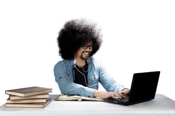 Male student is using a headset