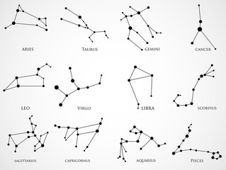 Set of zodiac constellations. Horoscope set: Aries, Leo, Sagitarius, Capricorn, Taurus, Virgo, Libra, Aquarius, Gemini, Cancer, Scorpio, Pisces © vladystock