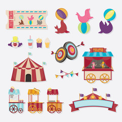 Circus collection with carnival, fun fair. Vector icons and background and illustration collection.