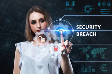 The concept of business, technology, the Internet and the network. A young entrepreneur working on a virtual screen of the future and sees the inscription: Security breach