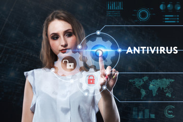 The concept of business, technology, the Internet and the network. A young entrepreneur working on a virtual screen of the future and sees the inscription: Antivirus