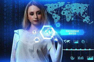 The concept of business, technology, the Internet and the network. A young entrepreneur working on a virtual screen of the future and sees the inscription: Exchange rates
