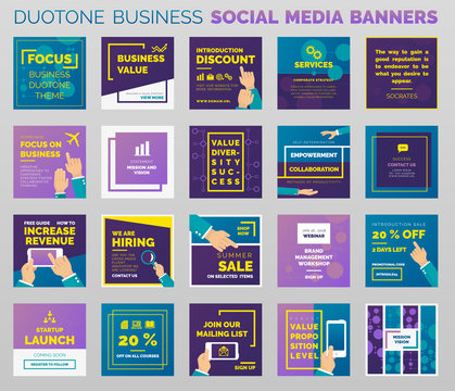 Duotone styled social media banners and post templates. Outlined vector design, easy to edit.