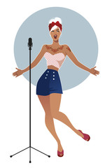Beautiful and tattooed pin-up girl singing. Vector Illustration