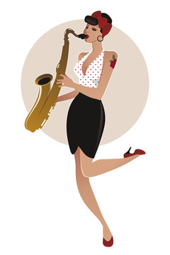 Beautiful and tattooed pin-up girl playing saxophone. Vector Illustration