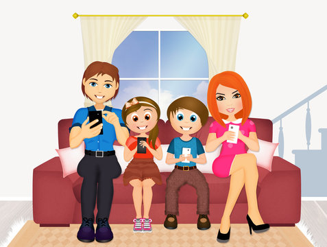 Family with cell phones on the couch