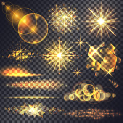 Set of light effects, golden flashes, fireworks