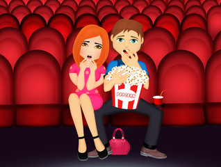 Naklejka premium couple is watching a horror movie in a cinema