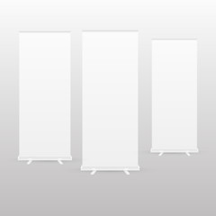 Blank roll-up banner display with clipping path. isolated on background. Vector illustration.