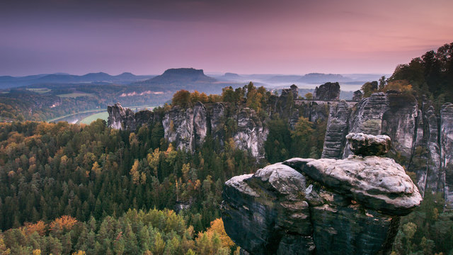 View towards the Rock Bridge at the Bastei in Saxon Switzerland