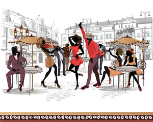 Naklejka na ściany i meble Series of the streets with musicians and dancing couples in the old city. Hand drawn vector illustration with retro buildings.