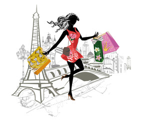 Fashion girl with long hair shopping around the world. Europe sights. Hand drawn illustration.