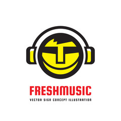 Obraz premium Fresh music - vector logo concept illustration in flat style design. Audio mp3 sign. Modern sound icon. Dj symbol. Human head character. Headphones insignia. Record label songs.