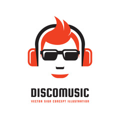 Disco music - vector logo template concept illustration in flat style design. Audio mp3 sign. Modern sound icon. Dj symbol. Human head character. Headphones insignia. Record label songs.