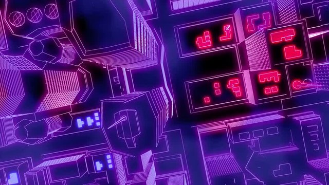Retro Futuristic cityscape seamless background.