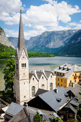 The Hallstatt Church under the Beautiful Day in Hallstatt, Austria.
