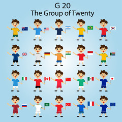 Vector illustration of G-20 countries flags.The Group of Twenty, the World's Leading 20 Economies.Banner for Summit, financial and economic international forum.Infographic design image.Boys with flags