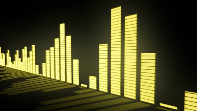3D animation: Music control levels. Glow yellow - golden color audio equalizer bars moving with the reflection from the mirror surface. Black background. Deep. Sliding.
