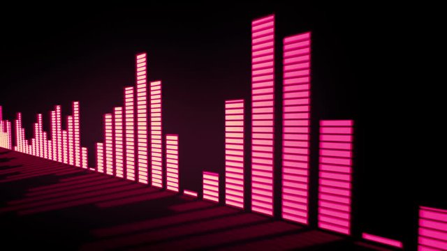 3D animation: Music control levels. Glow red - pink orange color audio equalizer bars moving with the reflection from the mirror surface. Black background. Deep. Sliding.