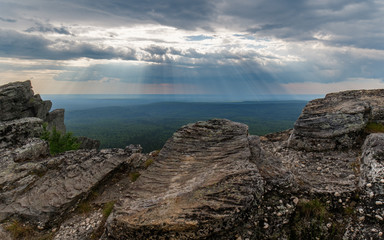 Natural phenomenon: twilight rays. View from high of mountain