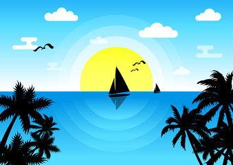 Fototapeta na wymiar Sunset in the sea with a sailboat and seagulls. Summer holidays vector background. Summer blue flat vector background. All in a single layer. Vector illustration.