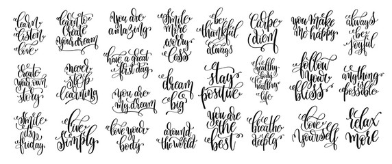 Fototapeta na wymiar set of 25 hand lettering positive phrases, black and white inspi