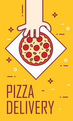 Illustration with hand and slice of pizza. Vector banner for fast food. Thin line flat design card.