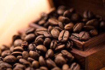 wooden box with beans coffee