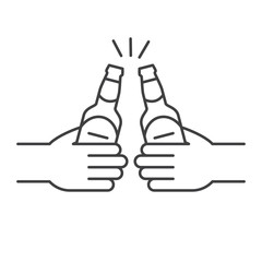 Toasting beer bottles in hands linear icon