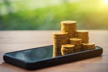 Finance and Money concept, Money coin stack sunlight