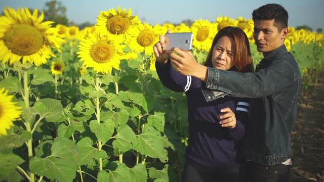 Beautiful woman and man in the sunflowers field takes a selfie phone share photos online:Concept for family holiday.