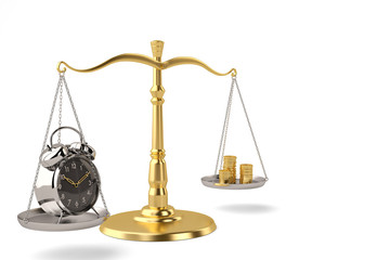 A balanced scale of time and money time is money 3D illustration