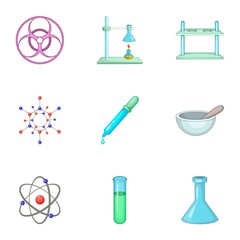 Dangerous research icons set, cartoon style