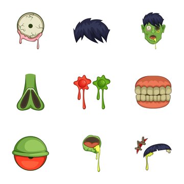 Zombie constructor icons set, cartoon style