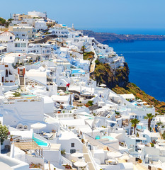 White architecture of Fira town on Santorini island, Greece. Beautiful landscape with sea view