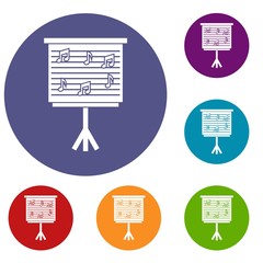 Whiteboard with music notes icons set