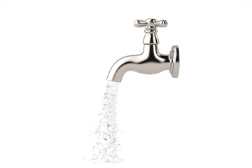 Chrome tap with a water stream isolated on white 3d illustration.