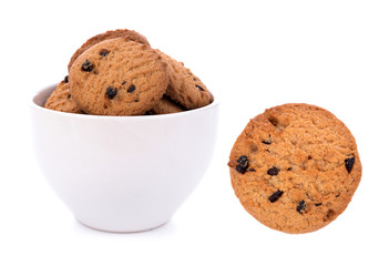 Chocolate chip cookie in bolwl on white background