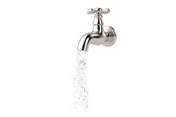 Chrome tap with a water stream isolated on white 3d illustration. - obrazy, fototapety, plakaty